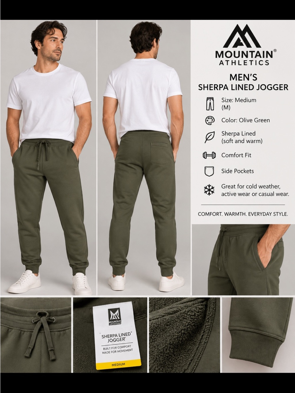 Men's Olive Green Fleece Joggers with Drawstring Waist